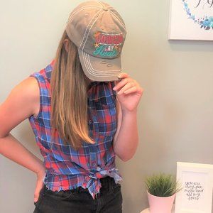 Trendy Navy & Red Distressed Plaid Top